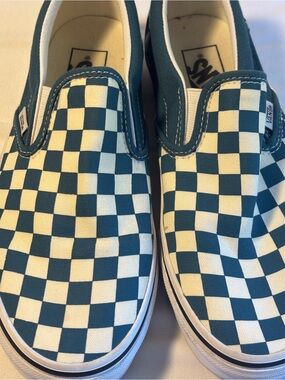 Vans Slip-On Checkerboard Sneakers - Teal and White M 7/W 8.5
